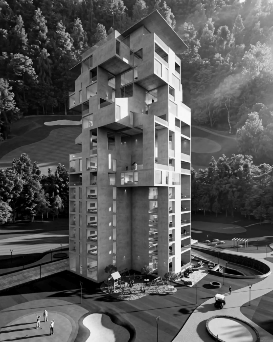 Torre Jenga, torre residencial de concreto con giro progresivo de plantas en Bosque Real, con estereotomia